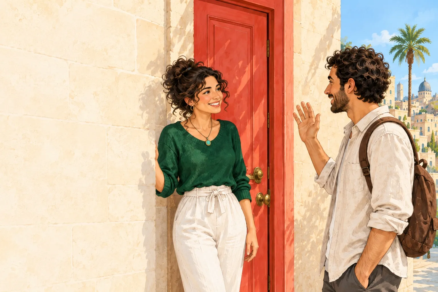 Two neighbors greeting each other at a sunlit doorway